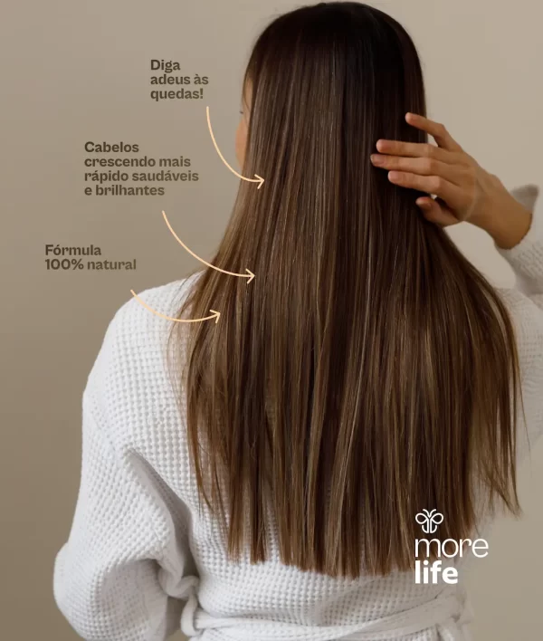 Todos os benefícios do Morelife Hair para os cabelos, diga adeus às quedas, cabelos crescendo mais rápido, saudáveis e brilhantes. Fórmula 100% natural.
