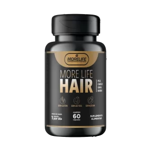 Imagem mostra o frasco com 60 cápsulas Morelife Hair - Suplemento alimentar, uma cápsula por dia.